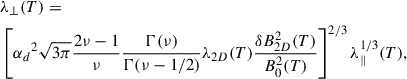 Mathematical equation: $$ \begin{aligned}&\lambda _{\perp }(T) =\nonumber \\&\left[{\alpha _d}^2{\sqrt{3{\pi }}}\frac{2\nu - 1}{\nu }\frac{\Gamma (\nu )}{\Gamma (\nu - 1/2)}{\lambda }_{2D}(T)\frac{{\delta }B^2_{2D}(T)}{B^2_0(T)}\right]^{2/3}{\lambda }_{\parallel }^{1/3}(T), \end{aligned} $$