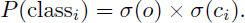 Mathematical equation: $$ \begin{aligned} P(\text{ class}_i) = \sigma (o) \times \sigma (c_i). \end{aligned} $$
