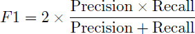 Mathematical equation: $$ \begin{aligned} F1 = 2 \times \frac{\text{ Precision} \times \text{ Recall}}{\text{ Precision} + \text{ Recall}} \end{aligned} $$